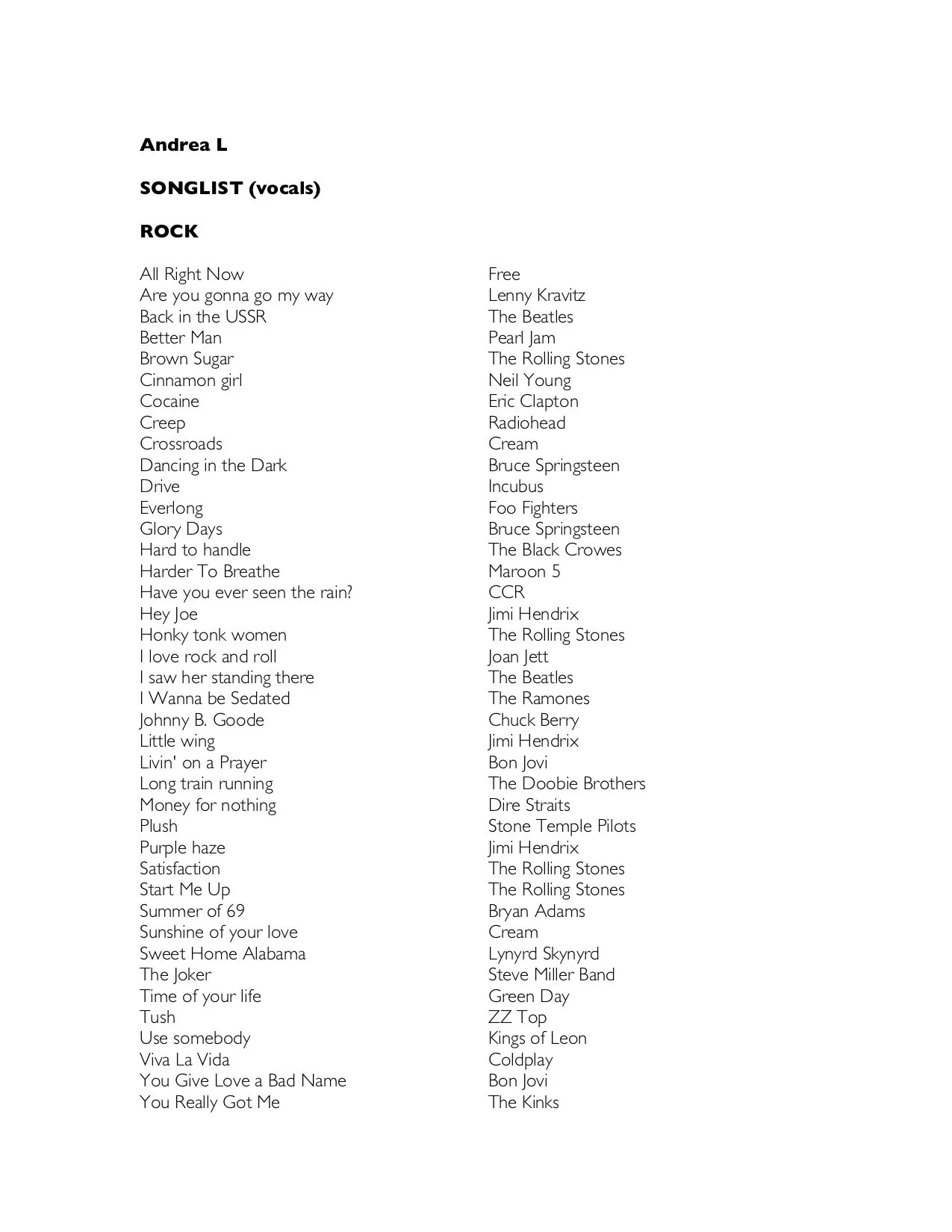 Andrea L. sample song list