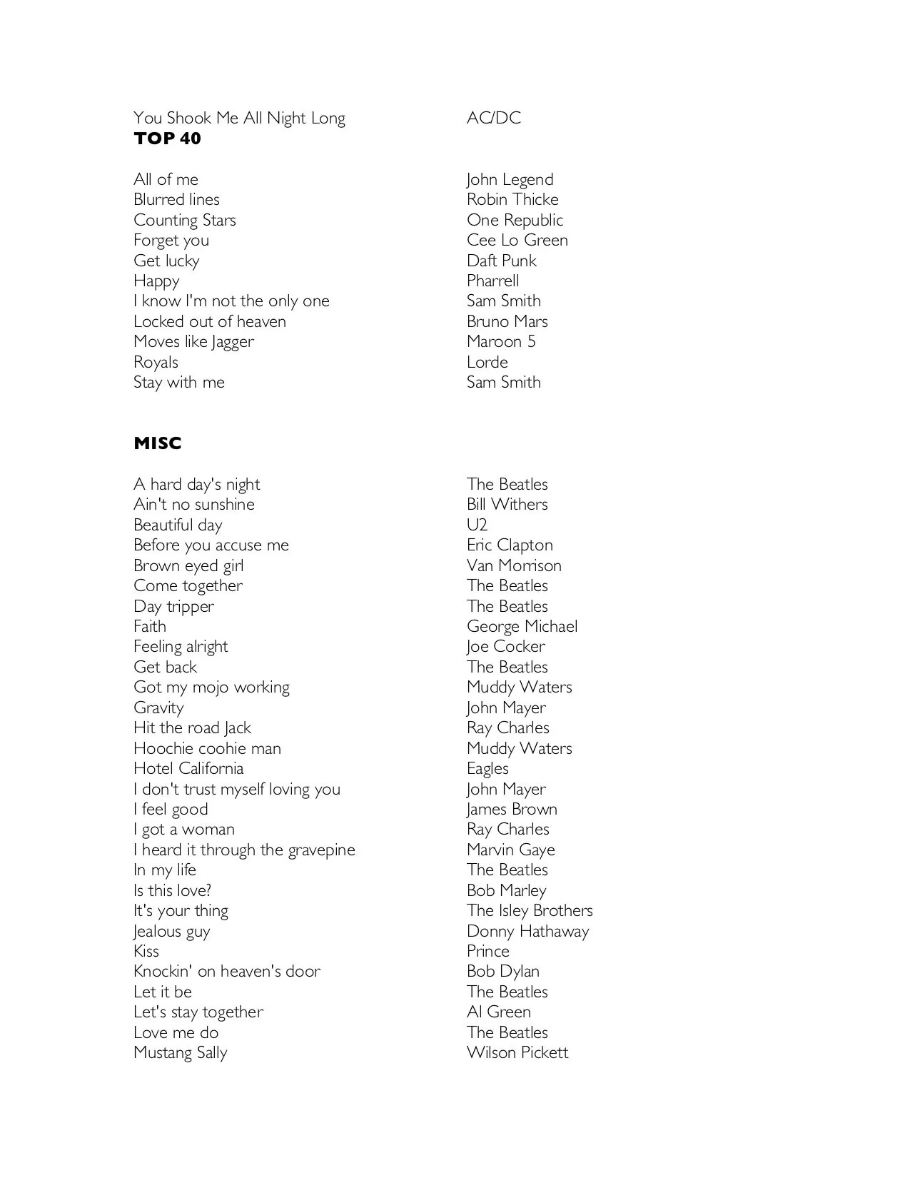 Andrea L. sample song list