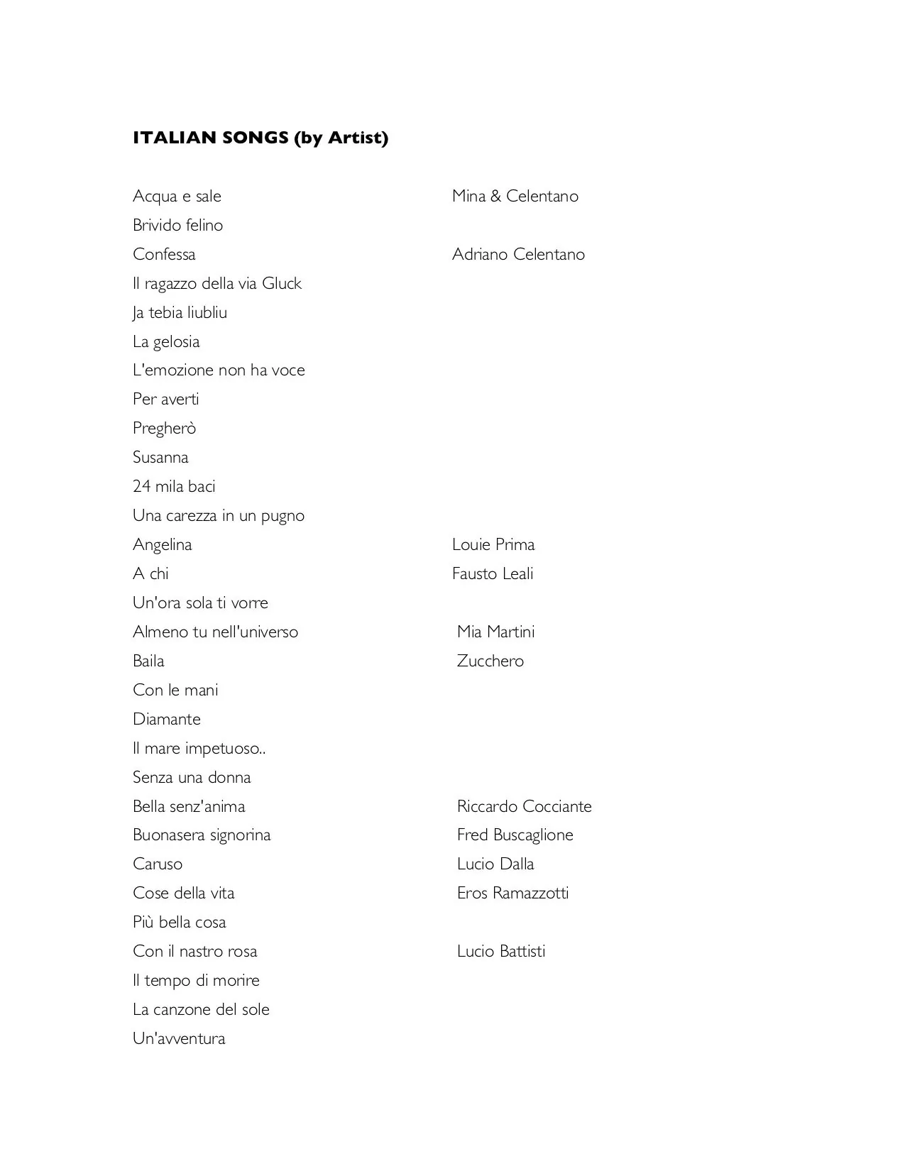 Andrea L. sample song list